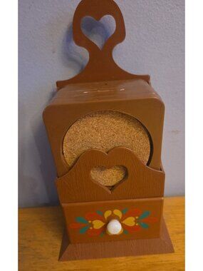 Vintage Plastic Coaster Set With Drawer Cork Coaster Heart Design Barware MCM